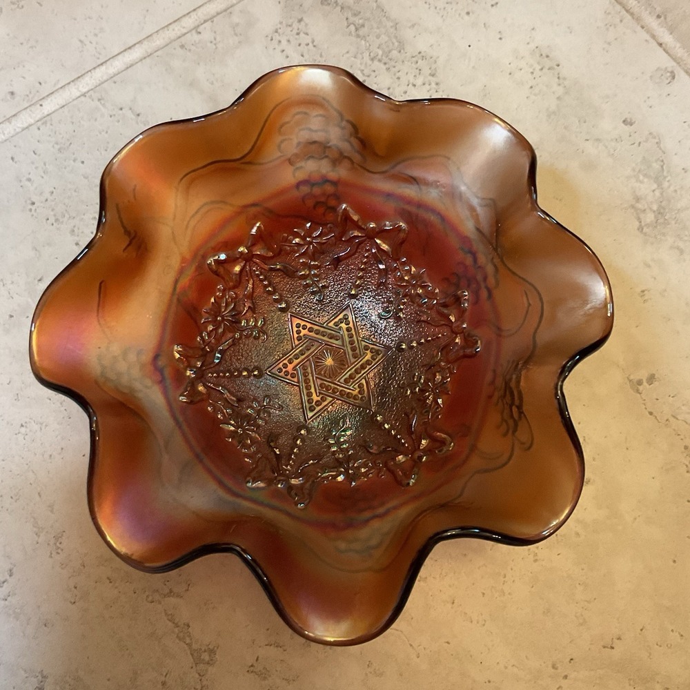 Vintage Northwood Amethyst Star of David and Bows Carnival Glass Ruffled Bowl